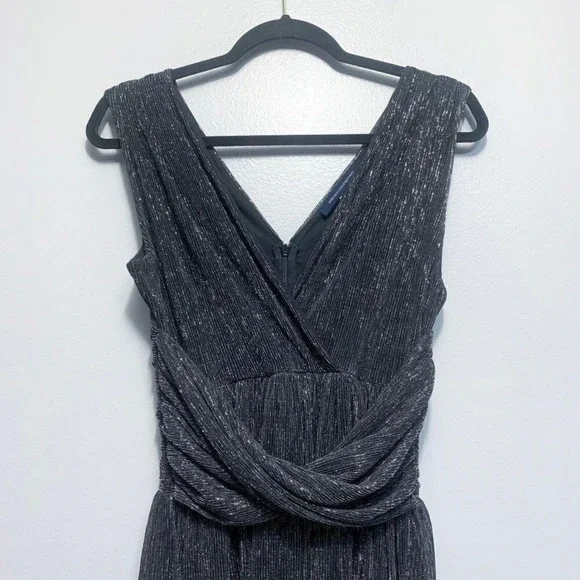French Connection Marcelle Metallic V Neck Dress Charcoal Silver Size 6 NWT - Picture 7 of 14
